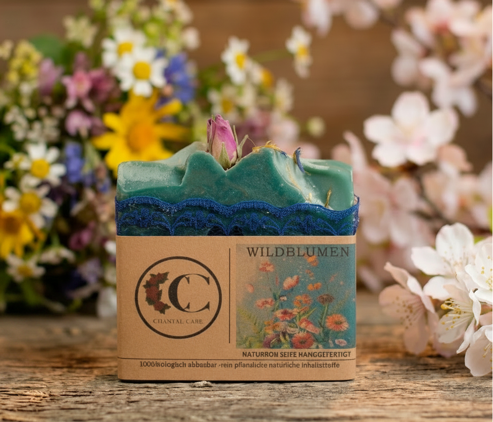 Wildblumen Naturseife mit einer edlen Duftkombination aus Lavendel, Orange, Vetiver, Ingwer und Vanille